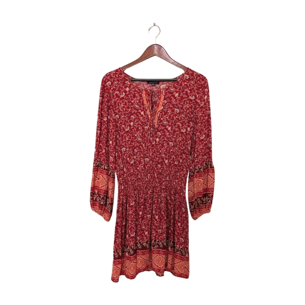 American Eagle Mini Prairie Floral Dress Tunic Smocked Waist L Red